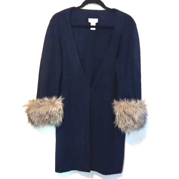 Soft Surroundings Navy Blue Cardigan Faux Fur Trimmed Cuffs Size XL EUC! - Picture 1 of 10